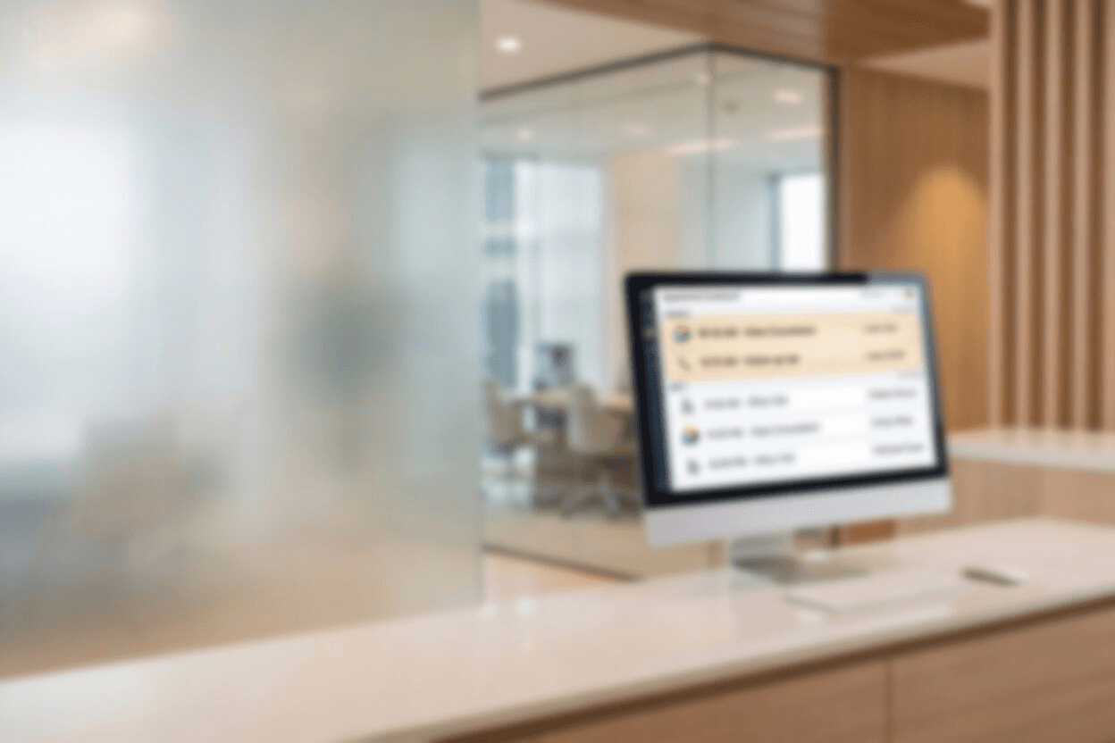 Reception desk showing a booking display screen